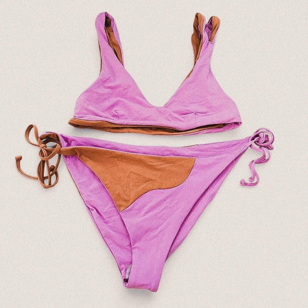L*space pink brown swirl retro print tie vneck bikini set Size small large